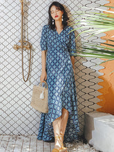 Vacation A-Line Half Sleeves Lace-Up Plaid V-Neck Maxi Dress